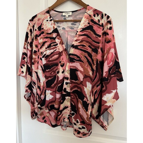Tops - Umgee Shirt Large Button Front Relaxed Pink Black Cheetah Flowy Lightweight Boxy